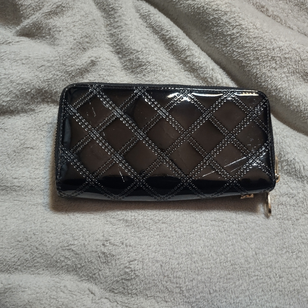 Black Quilted Patent Wallet/Measures 4" Length & 8" Width